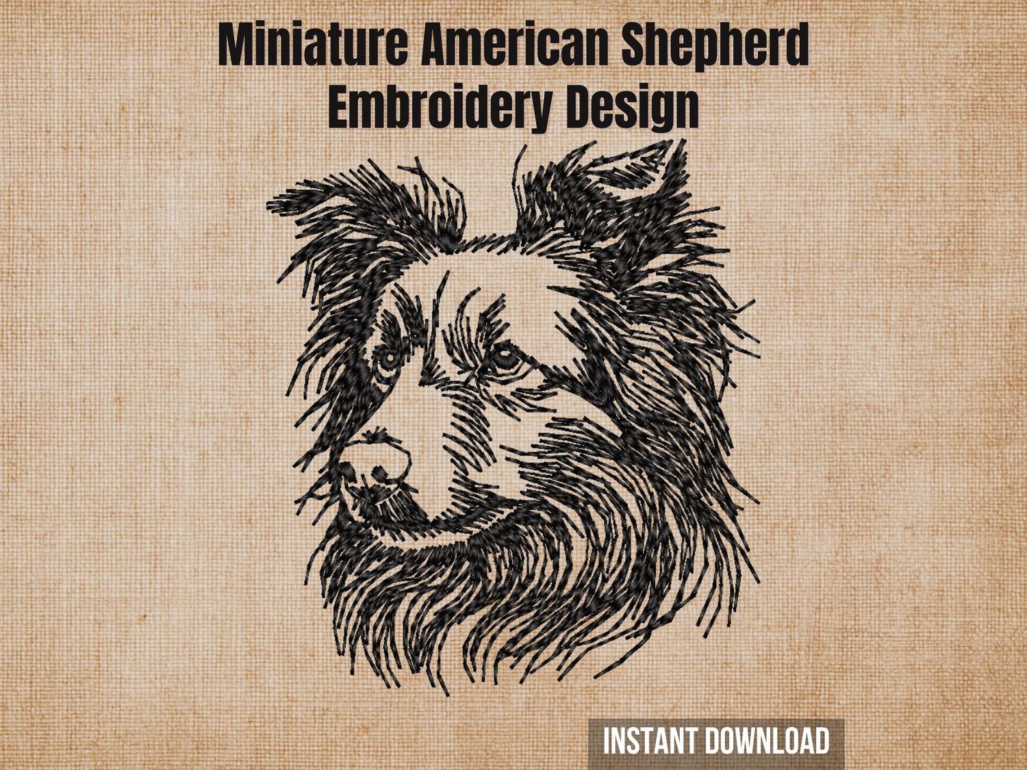 Black sketch-style embroidery of a Miniature American Shepherd head, on a textured beige fabric background.