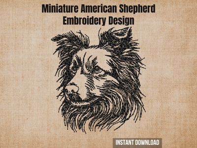 Black sketch-style embroidery of a Miniature American Shepherd head, on a textured beige fabric background.