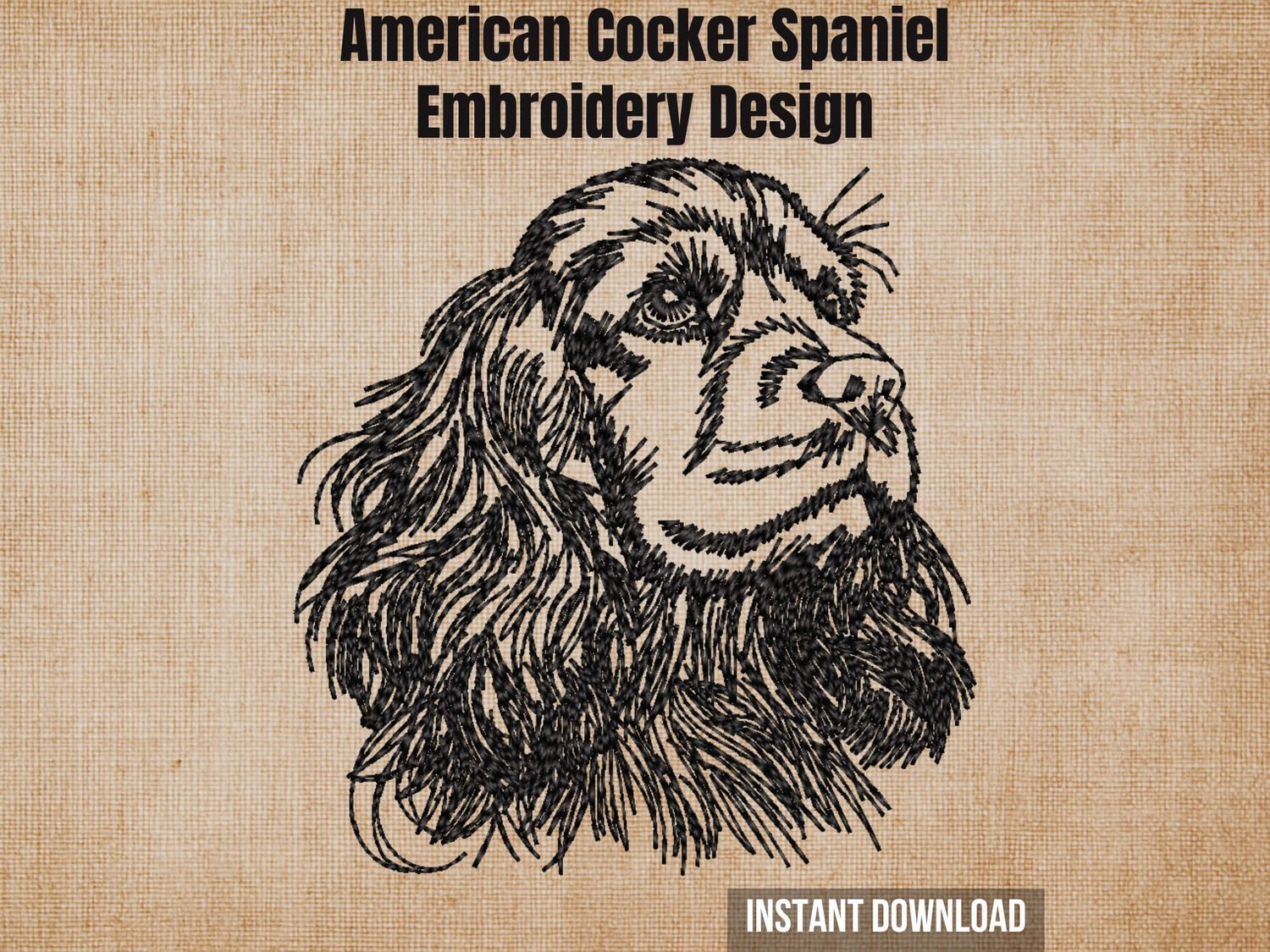 Textured burlap background highlighting the American Cocker Spaniel machine embroidery design with an instant download tag