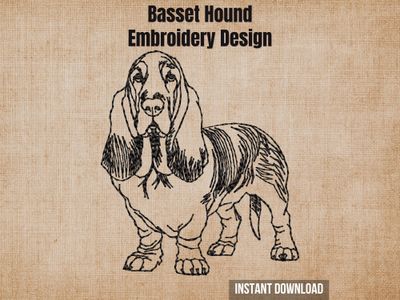 Basset Hound embroidery design graphic showing a detailed black sketch of a dog on a textured beige background.