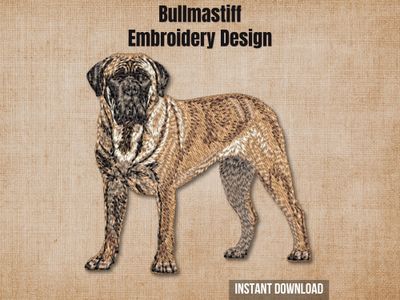 Bullmastiff embroidery design graphic showing a realistic stitched dog portrait on a rustic beige background.