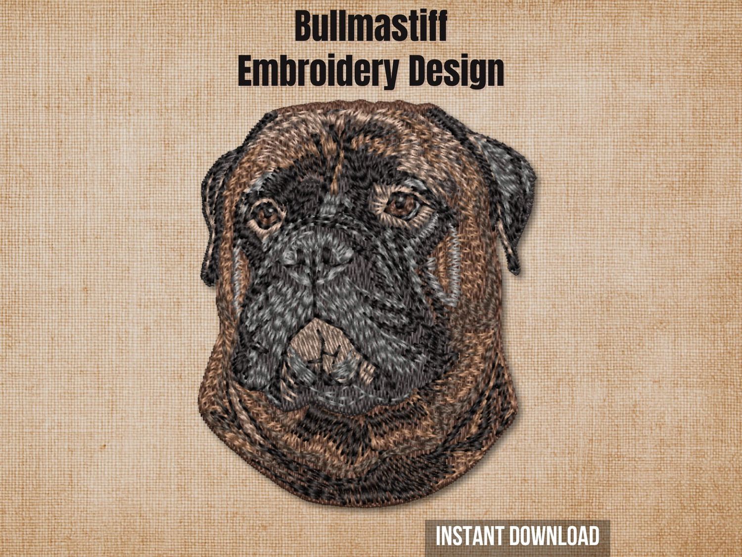 Bullmastiff embroidery design graphic showing a detailed stitched dog portrait on a rustic beige background.