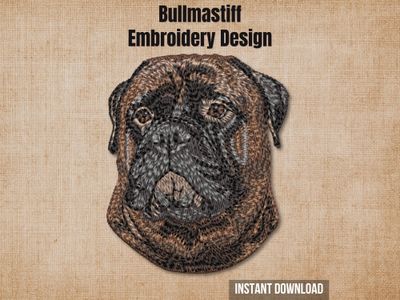 Bullmastiff embroidery design graphic showing a detailed stitched dog portrait on a rustic beige background.