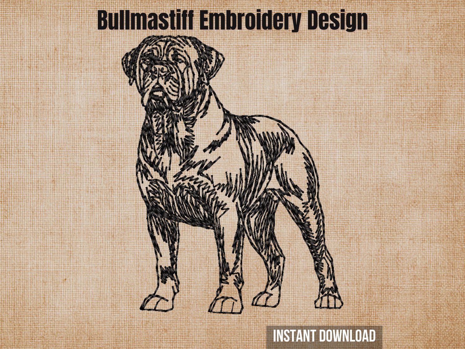 Black sketch-style embroidery of a Bullmastiff dog, on a textured beige fabric background with heading text.
