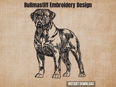 Black sketch-style embroidery of a Bullmastiff dog, on a textured beige fabric background with heading text.
