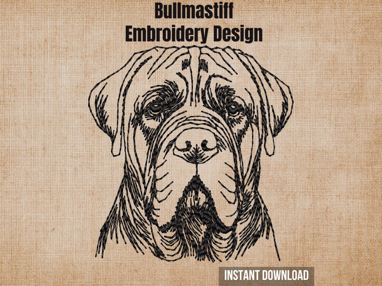 Cover photo graphic featuring a Bullmastiff head sketch embroidery design on a textured burlap background.