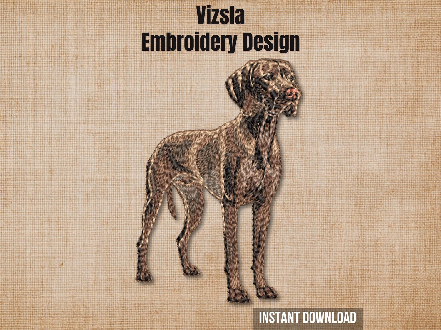 Vizsla embroidery design graphic showing a realistic stitched dog portrait on a rustic beige background.