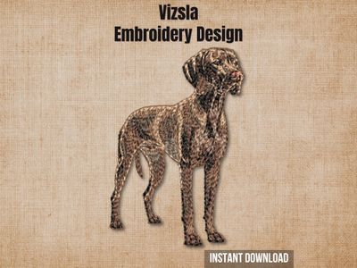 Vizsla embroidery design graphic showing a realistic stitched dog portrait on a rustic beige background.