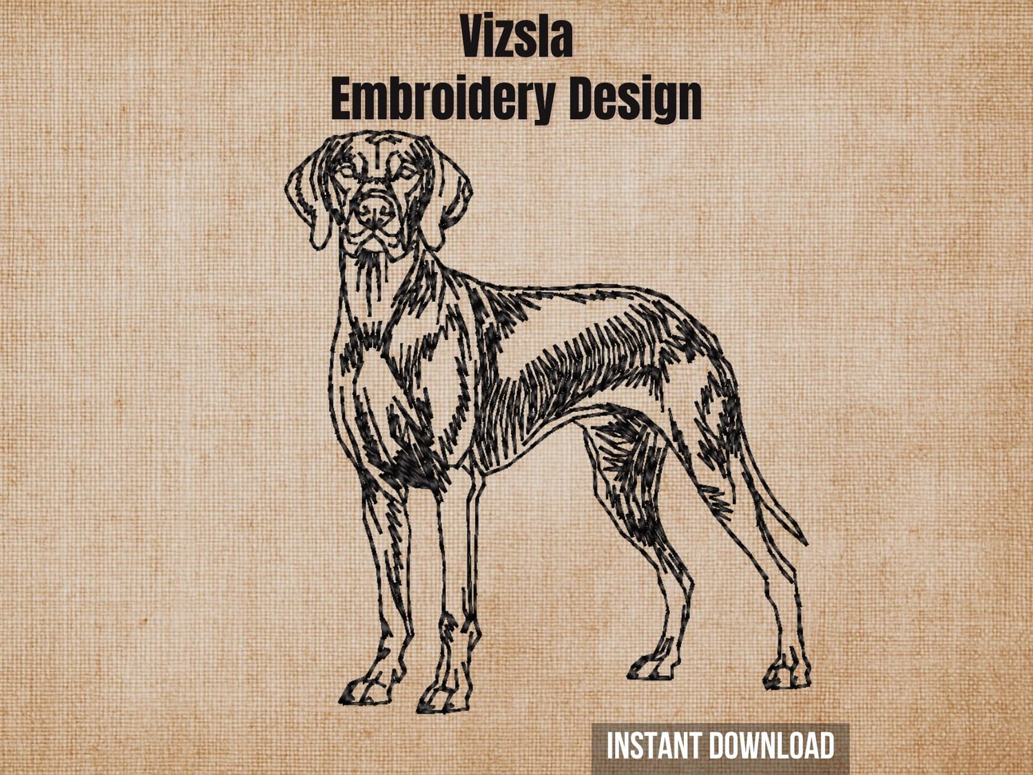 Vizsla embroidery design graphic showing a detailed black line drawing of a dog on a textured beige background.