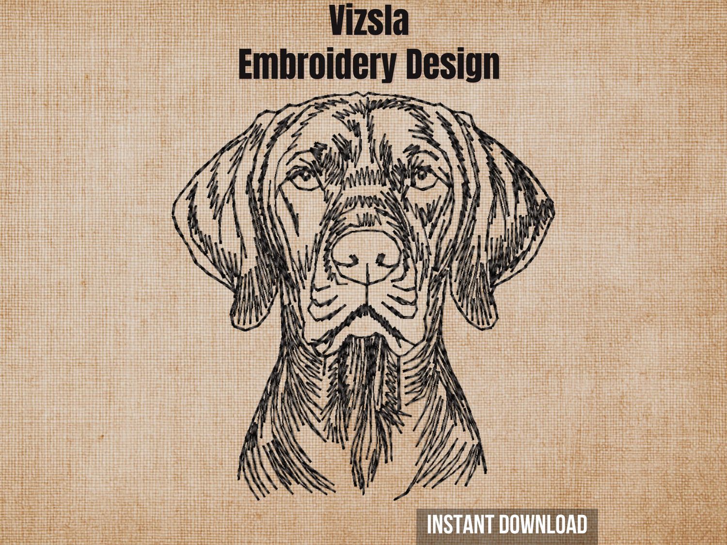 Textured natural burlap background highlighting the Hungarian Vizsla machine embroidery design with an instant download badge