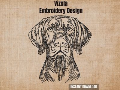 Textured natural burlap background highlighting the Hungarian Vizsla machine embroidery design with an instant download badge