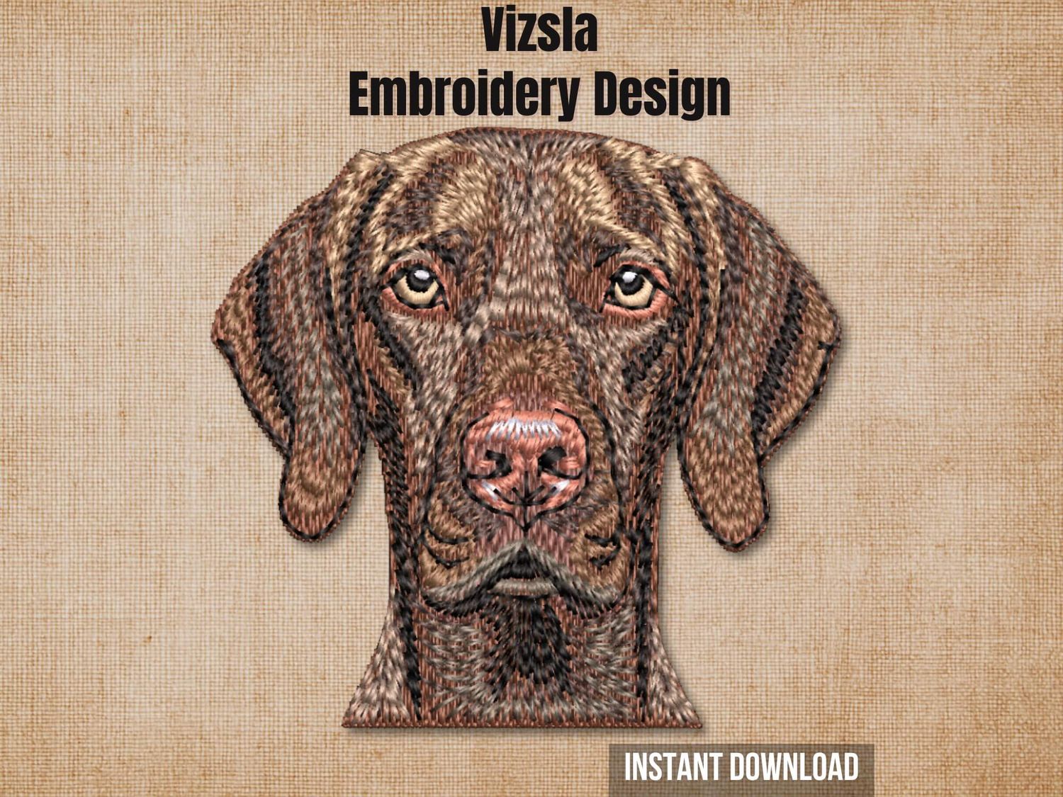 Cover photo graphic featuring a Hungarian Vizsla head embroidery design on a textured burlap background.