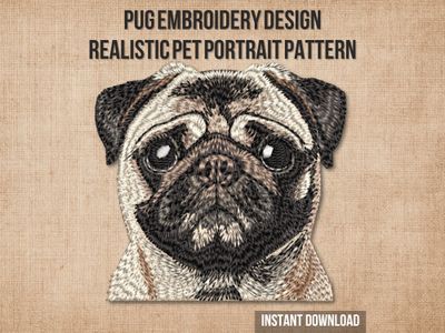 Embroidery of a Pug dog head in tan, cream, and black thread with detailed wrinkles and expressive eyes on a light fabric.
