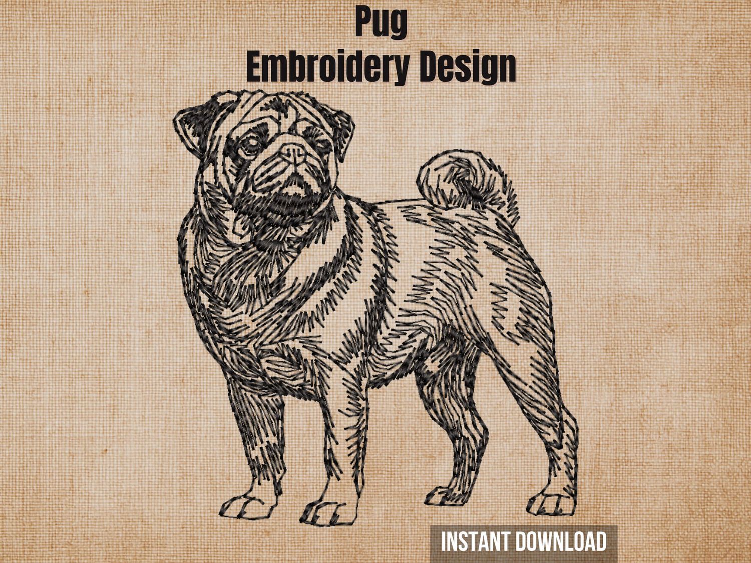 Textured natural burlap background highlighting the Pug full-body machine embroidery design with an instant download badge