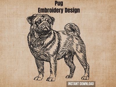 Textured natural burlap background highlighting the Pug full-body machine embroidery design with an instant download badge