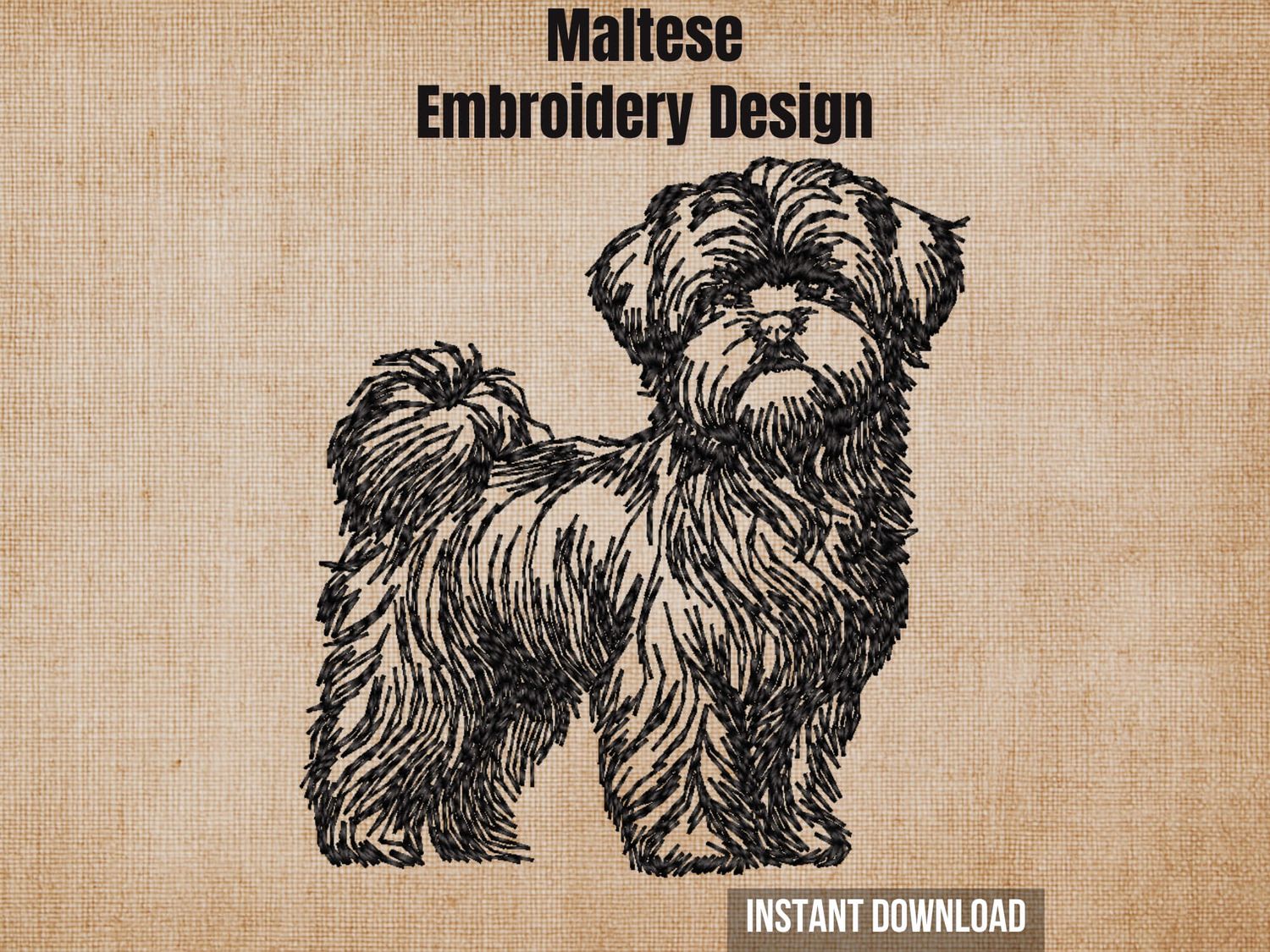 Cover photo graphic featuring a full-body Maltese blackwork embroidery design on a textured burlap background.