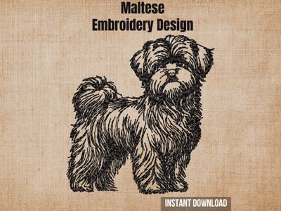 Cover photo graphic featuring a full-body Maltese blackwork embroidery design on a textured burlap background.