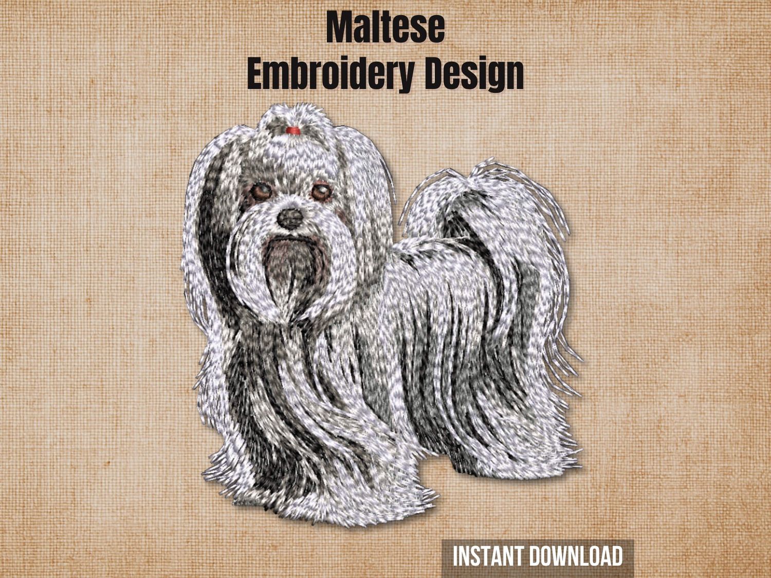 Maltese embroidery design graphic showing a detailed stitched dog on a textured, rustic beige background.