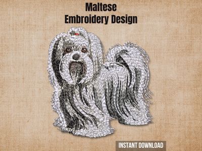 Maltese embroidery design graphic showing a detailed stitched dog on a textured, rustic beige background.