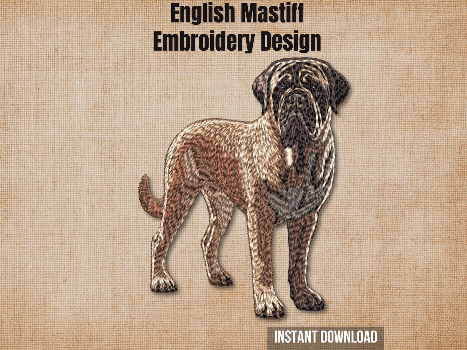 Digital render of a full-body English Mastiff embroidery design with title and format text labels.