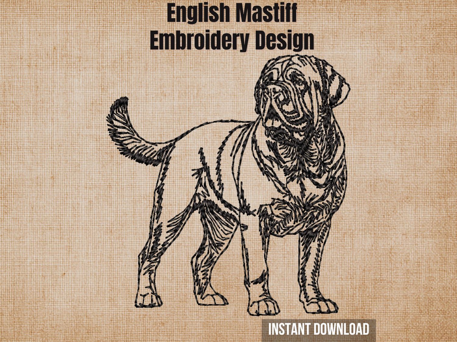 Natural burlap background highlighting English Mastiff full-body embroidery design with instant download badge