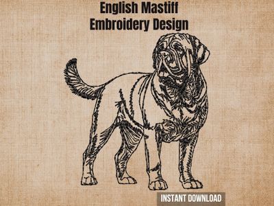 Natural burlap background highlighting English Mastiff full-body embroidery design with instant download badge