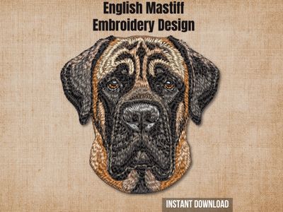Textured natural burlap background highlighting the English Mastiff machine embroidery design with an instant download badge