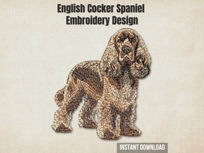 An embroidered English Cocker Spaniel dog design, displayed on a textured beige background with promotional text.