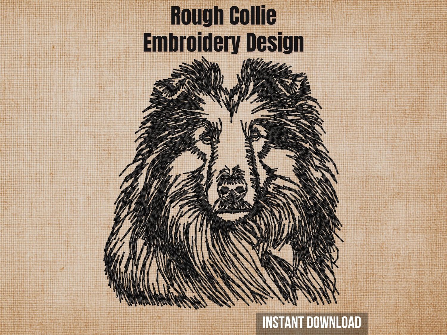 Rough Collie embroidery design graphic showing a detailed black sketch of a dog head on a textured beige background.