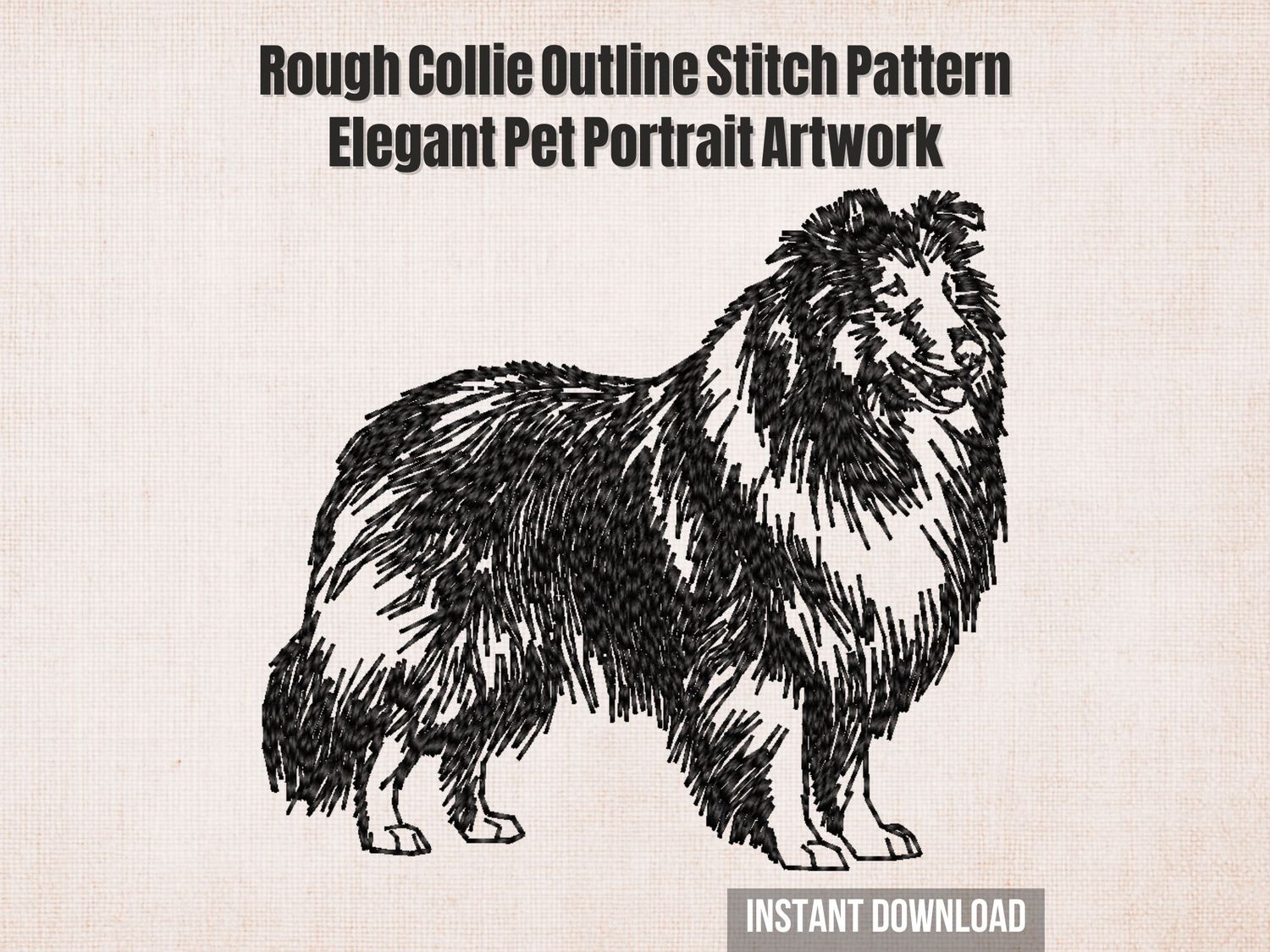 Black line embroidery of a Rough Collie dog with long fluffy coat and elegant stance on a beige fabric background.