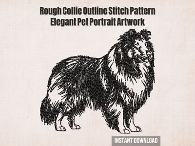 Black line embroidery of a Rough Collie dog with long fluffy coat and elegant stance on a beige fabric background.