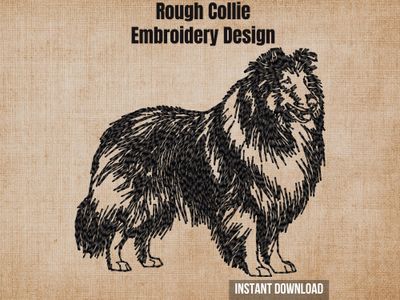 Textured burlap background highlighting the Rough Collie full-body machine embroidery design with an instant download badge