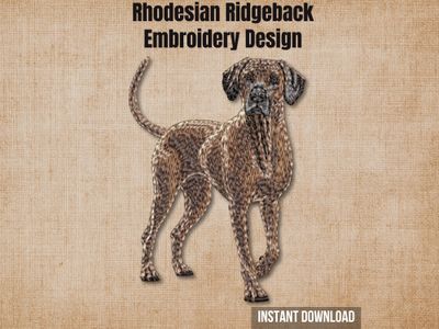 Textured natural burlap background highlighting the Rhodesian Ridgeback embroidery design with an instant download badge