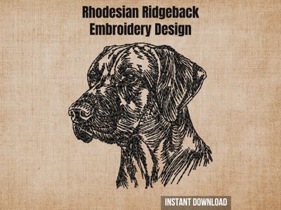 Black sketch-style embroidery of a Rhodesian Ridgeback head, on a textured beige fabric background with text.