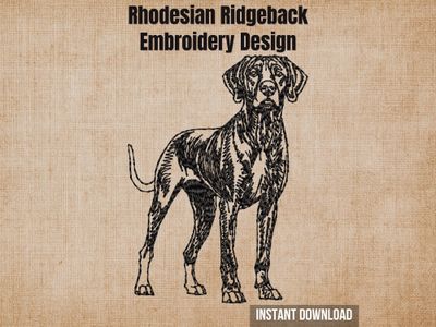 Rhodesian Ridgeback embroidery design graphic showing a black sketch of a dog on a textured beige background.