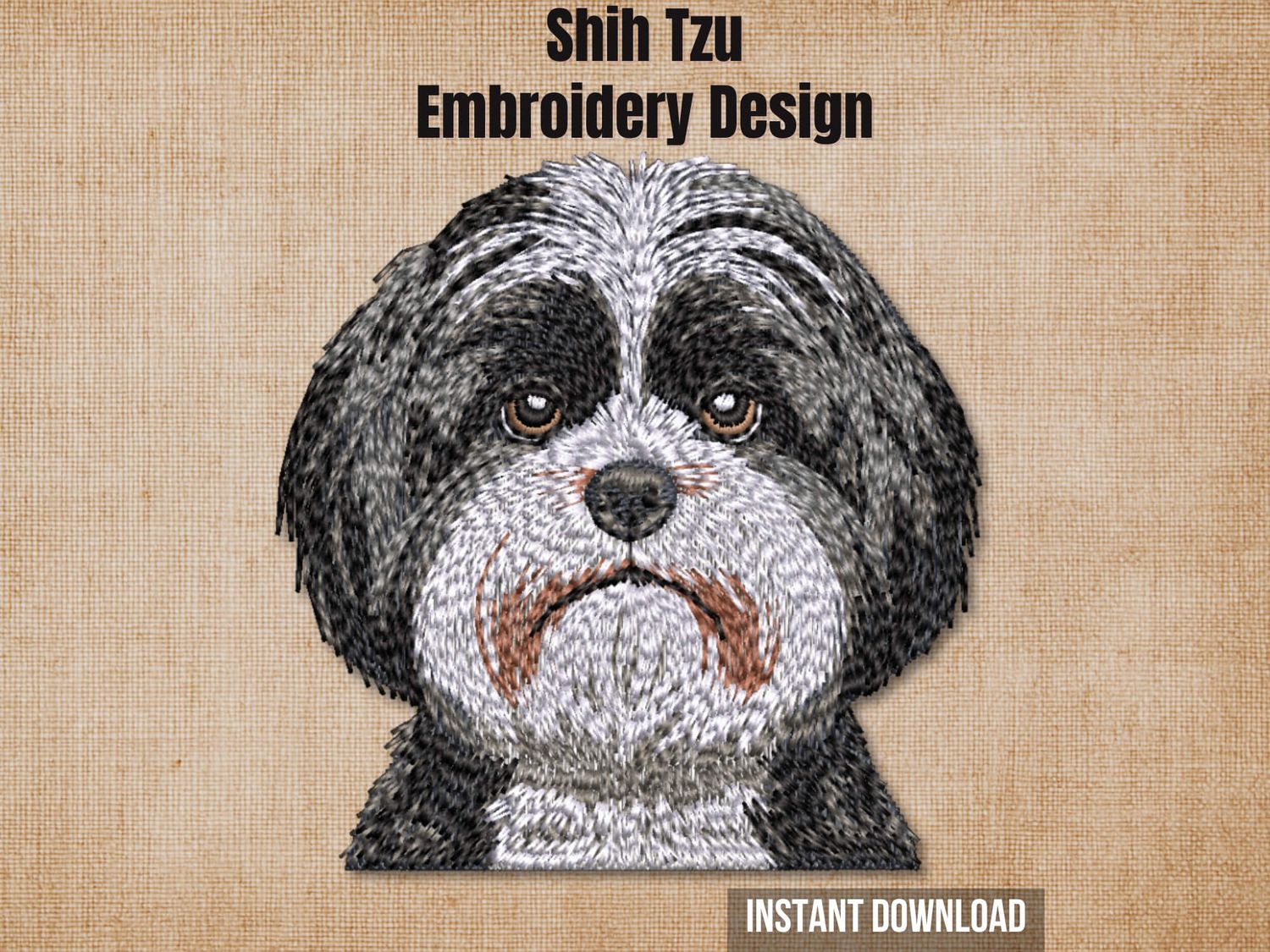 Textured natural burlap background highlighting the Shih Tzu embroidery design with an instant download badge