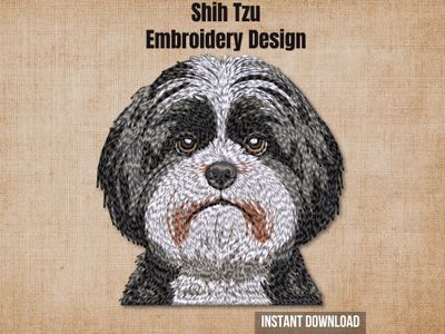 Textured natural burlap background highlighting the Shih Tzu embroidery design with an instant download badge