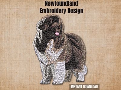 Digital render of a full-body Newfoundland embroidery design with title and format text labels.