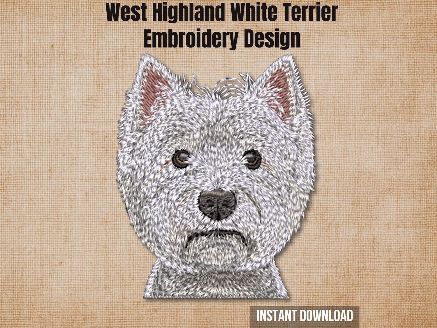 Textured natural burlap background highlighting the Westie embroidery design with an instant download badge