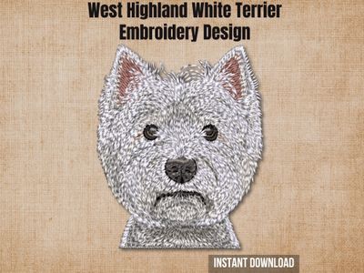 Textured natural burlap background highlighting the Westie embroidery design with an instant download badge
