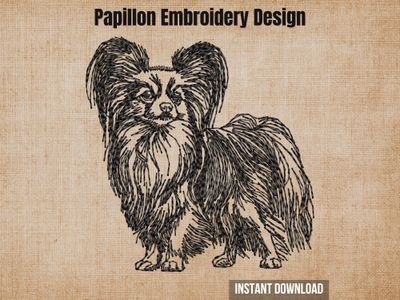 Black sketch-style embroidery of a Papillon dog, featured on a textured beige fabric background with heading text.