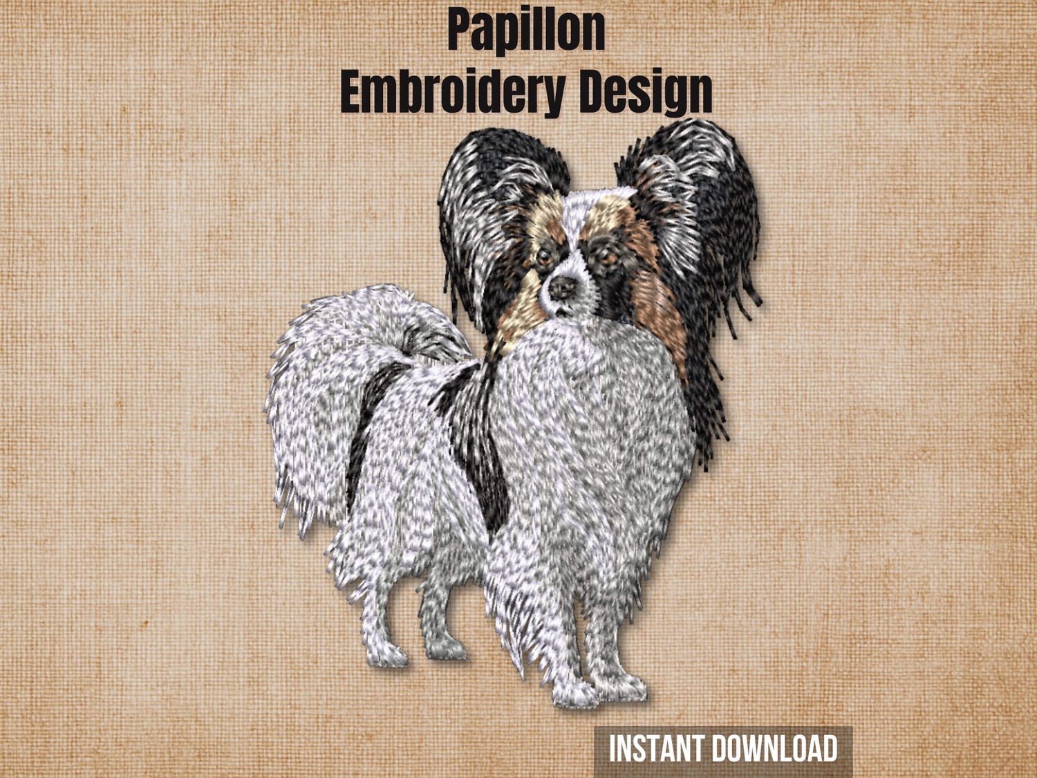 Cover photo graphic featuring a full-body Papillon embroidery design on a textured burlap background.