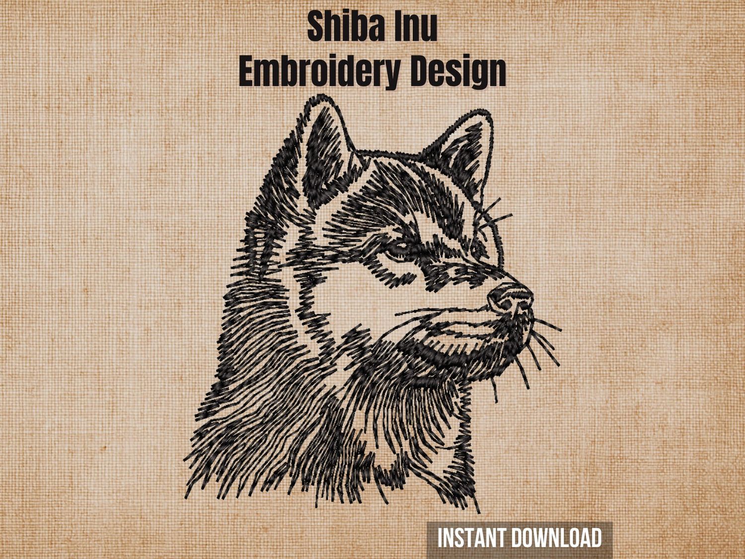 Shiba Inu embroidery design graphic showing a detailed black sketch of a dog head on a textured beige background.