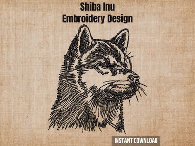 Shiba Inu embroidery design graphic showing a detailed black sketch of a dog head on a textured beige background.