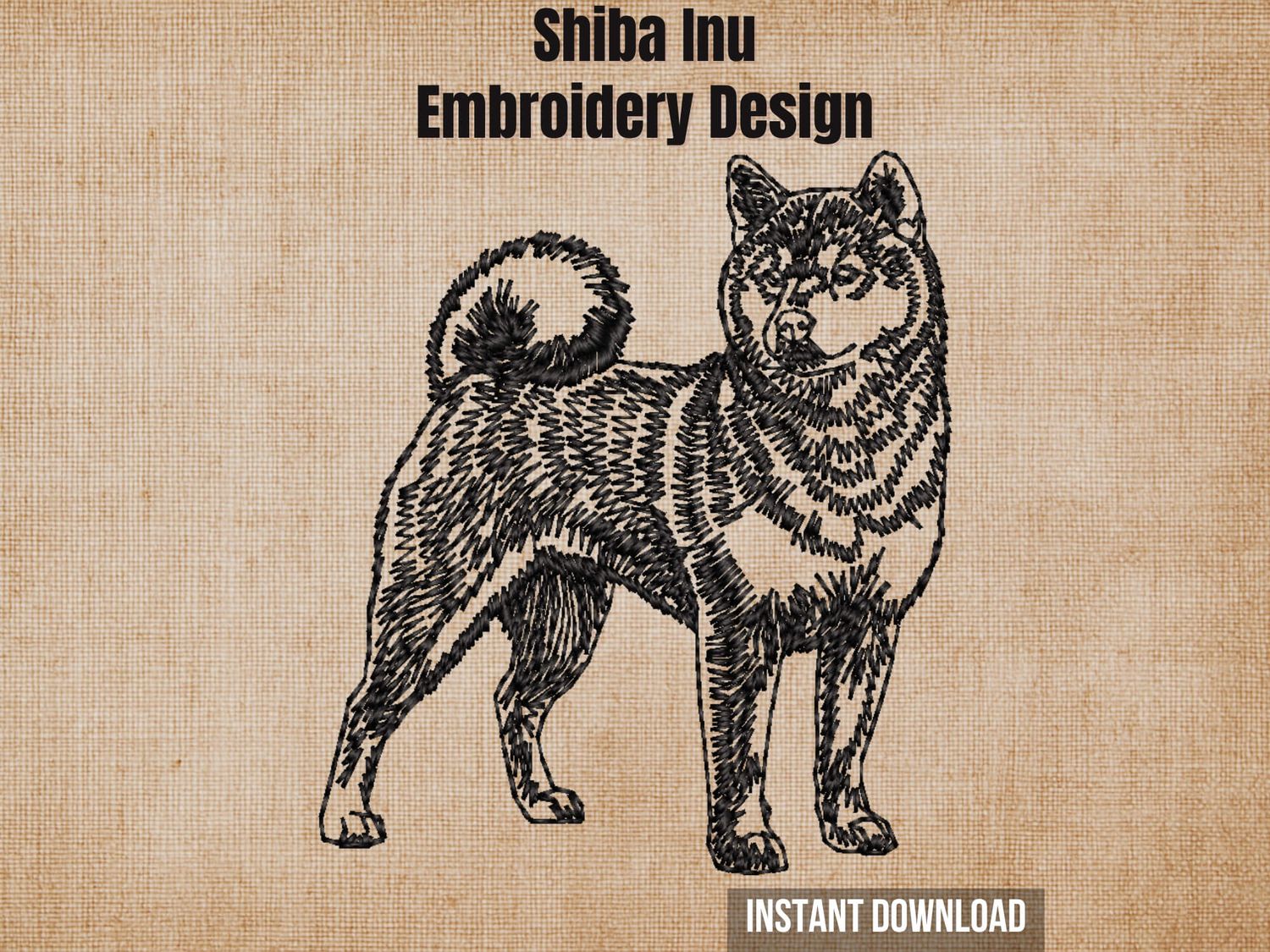Full-body Shiba Inu blackwork embroidery cover photo on textured burlap background with instant download
