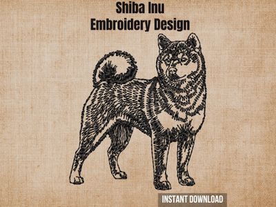 Full-body Shiba Inu blackwork embroidery cover photo on textured burlap background with instant download