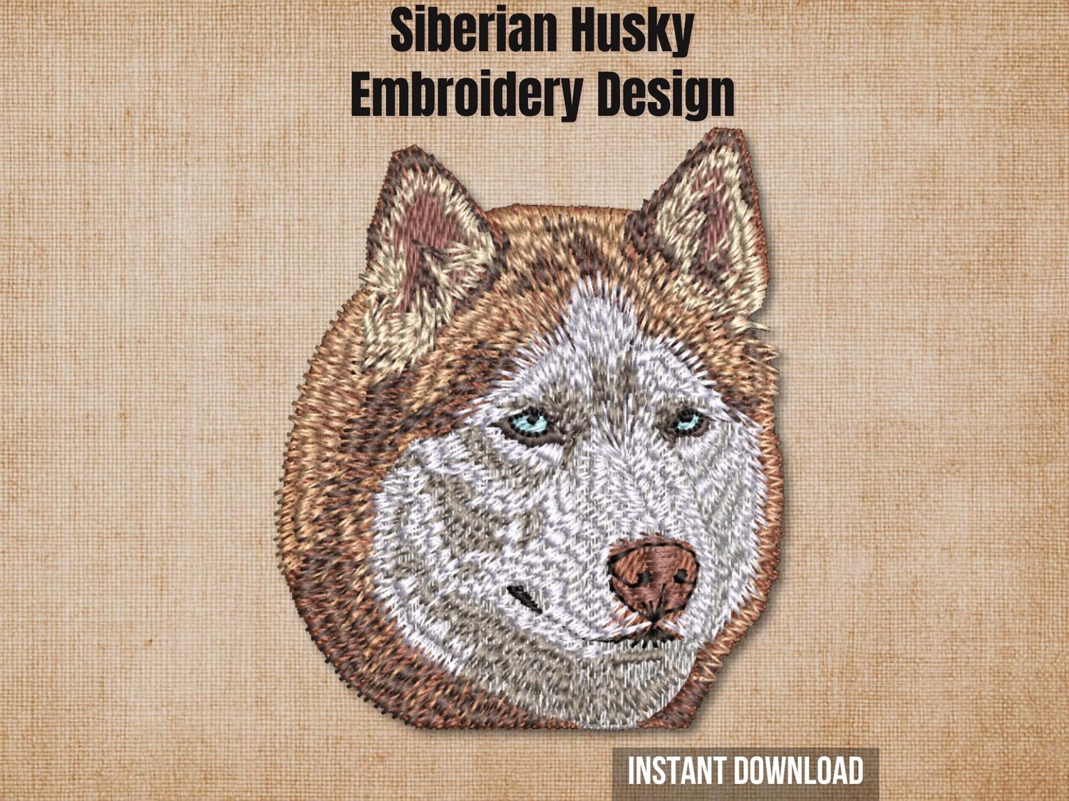 Red Siberian Husky head embroidery cover photo on textured burlap background with instant download.