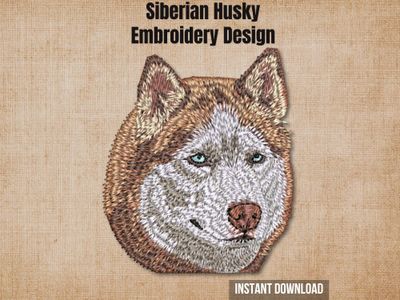 Red Siberian Husky head embroidery cover photo on textured burlap background with instant download.