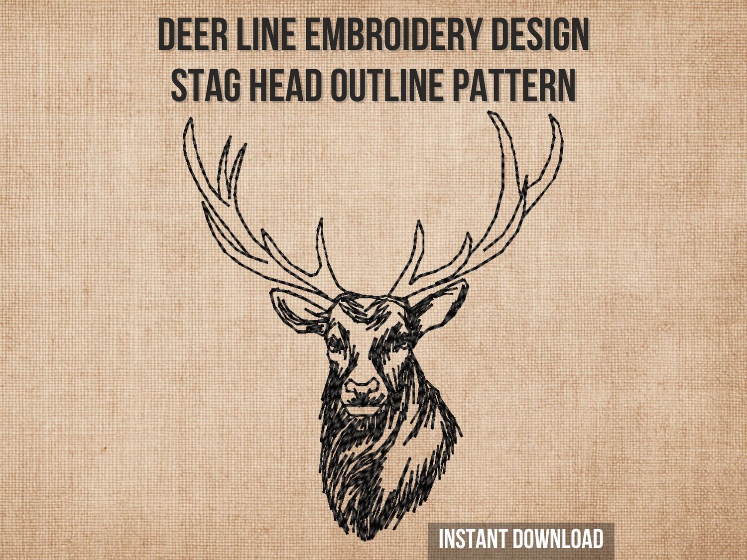 Black line embroidery of a deer head with large antlers and detailed fur texture on a light fabric background.