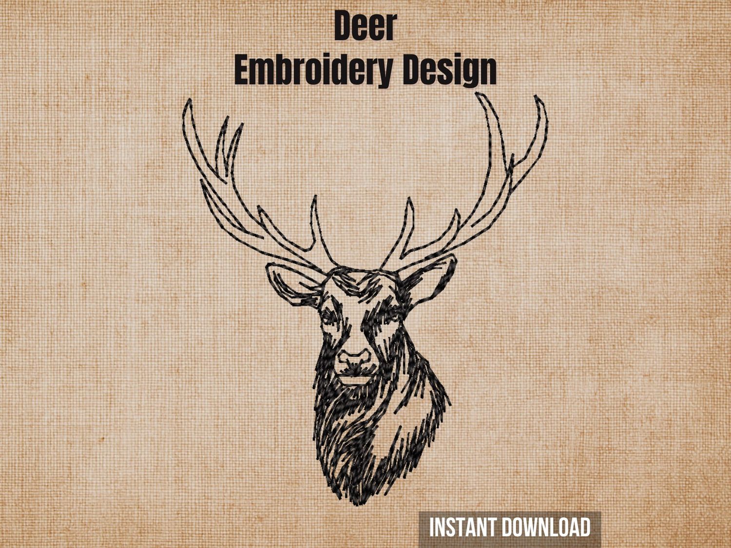 Deer embroidery design graphic showing a detailed black sketch of a stag portrait on a textured beige background.